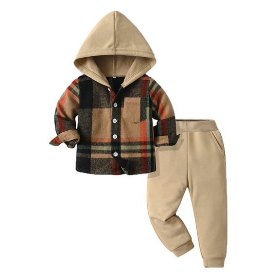 Nafuu Boys Outfits Set V-Neck Grids Long Sleeve Casual Plaid Prints Gentleman Hooded Tops Holiday Shirts Pants Classic Vacation Toddler Boy Sets,Brown,6-9 Months