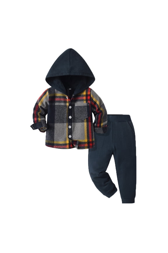Boys Outfits Set V-Neck Grids Long Sleeve Casual Plaid Prints Gentleman Hooded Tops Holiday Shirts Pants Cozy Vacation Boys Matching Outfits,Dark Blue,6-9 Months