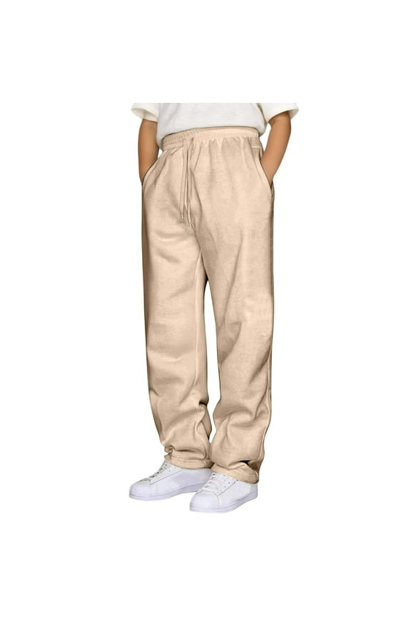 Boys Pants Solid Color Comfortable Elastic Waistband Drawstring Loose Fit With Fly Casual For Kids And Teens Comfort Home Boys Trousers,Beige,5-6 Years