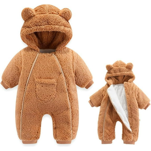 Nafuu Boys Romper Solid Color Crew Neck Long Sleeve Newborns Animal Outfit Suit Thick Hooded Coat Winter Warm Clothes Outwear Snowsuit Boy Jumpsuit,Khaki,0-3 Months