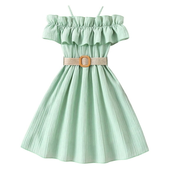 NAFUU Child Girls Dress Boat Neck Toddler Sleeveless Solid Color Princess Dresses Dance Party Clothes Summer Dresses For Girls,Green,8-9 Years