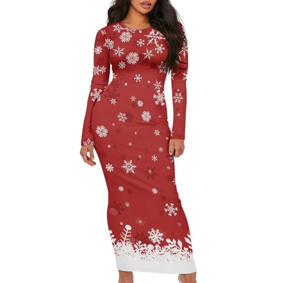 Nafuu Females Dress Fall Winter Casual Long Sleeve Dot Print Elegant Bodycon Midi Length Party Gown With Waist Tie For Holiday Season Lovely Home Sundress,Red
