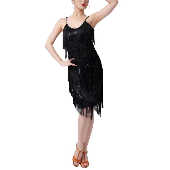 Nafuu Females Dress Mesh Fabric Elegant Spaghetti Strap Sequin Fringe Party Latin Dance Performance For Stage Show Competition Stylish Home Sundress,Black