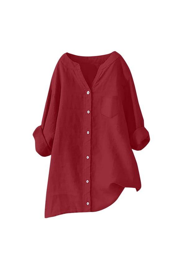 Females Shirts Solid Color Mandarin Collar Linen For Loose Crew Neck Daily Summer For 2026 Classic Vacation Tops