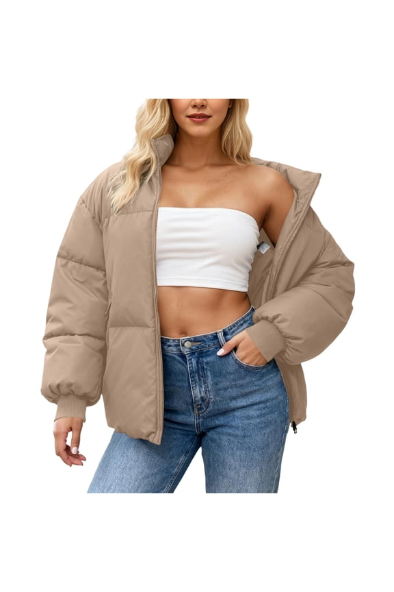 Females Winter Coat Solid Color Petite Thickened Stand Collar Puffy Down Warm Cozy For Cold Weather Casual Street Style Fashion Breathable Home Outerwear