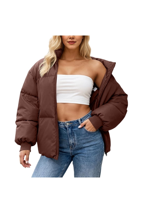Females Winter Coat Solid Color Petite Thickened Stand Collar Puffy Down Warm Cozy For Cold Weather Casual Street Style Fashion Stylish Vacation Jacket