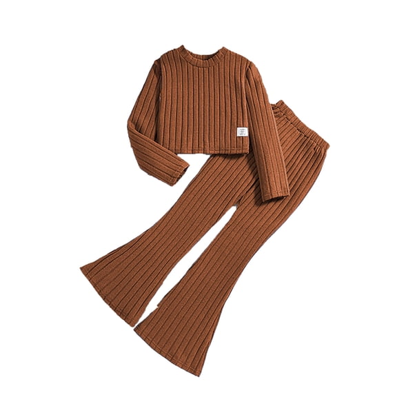 Nafuu Girls Outfits Set Solid Color 2 Piece Long Sleeve Crop Tops Sweatshirt Ribbed Shirts And Flared Pants Jogger Relaxed Fit Vacation Kids Coordinated Sets,Brown,7-8 Years