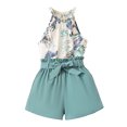 thumbnail image 1 of Nafuu Girls Outfits Set Summer Sleeveless Tank Top With Printed Shorts Casual Playwear Two Piece Ensemble Lovely Vacation Girls Matching Outfits，Sky Blue，10-11 Years, 1 of 9