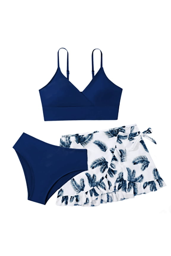 Girls Toddler Swimwear Multicolor Crew Neck Sleeveless 3 Piece Bikini Rullfe Briefs Bikini Set Breathable Vacation Girls Bathing Suit,Dark Blue,11-12 Years