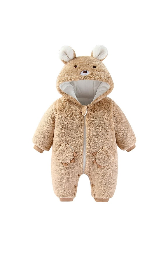 Infant Boys Romper Solid Color Crew Neck Long Sleeve 2026 Newborns Panda Outfit Suit Fold Over Mittens Footies Winter Snowsuit Clothes Hooded Jumpsuits Newborn Onesies,Khaki,12-18 Months