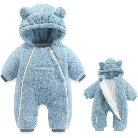 Nafuu Infant Boys Romper Solid Color Crew Neck Long Sleeve Newborns Animal Outfit Suit Thick Hooded Coat Winter Warm Clothes Outwear Snowsuit Boy Bodysuits,Light Blue,0-3 Months