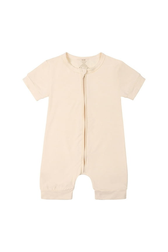 Boys Romper Solid Color Crew Neck Zipper Short Sleeve Sleeper Jumpsuits Daily Wear Leisure Home Onesies,Beige,18-24 Months