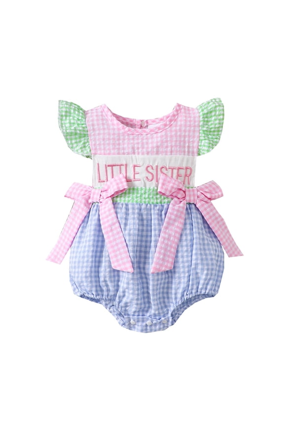 Girls Bodysuits Crew Neck Fly Sleeve Bowknot Grids Letter Romper Plaid Bodysuits Lovely Home Trendy Vacation Onesies Girl,Blue,0-3 Months