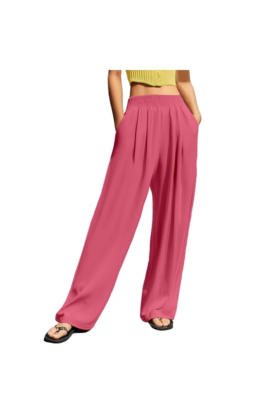 Ladies Casual Pants Lazy Style Solid Color High Waisted Ice Silk Wide Leg Straight With Crinkle Design For Daily Wear Outdoor Sports Home Comfort Trendy Vacation Slacks