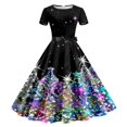 thumbnail image 1 of Nafuu Ladies Dress Colorful Print Short Sleeve Casual Elegant Style Flowy A Line Mini Party Wear Holiday Festive Outfit Cute Home Dresses,Black, 1 of 3