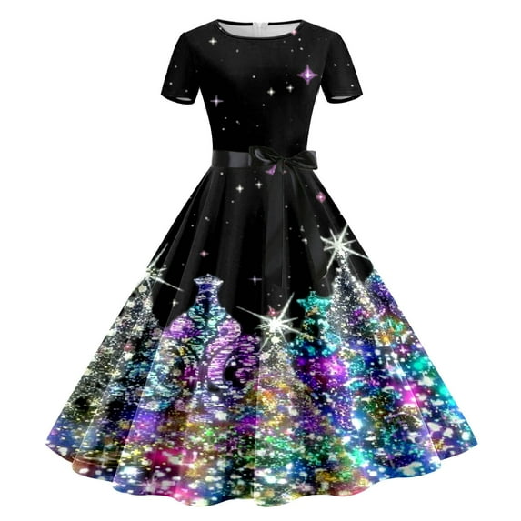 Nafuu Ladies Dress Colorful Print Short Sleeve Casual Elegant Style Flowy A Line Mini Party Wear Holiday Festive Outfit Cute Home Dresses,Black