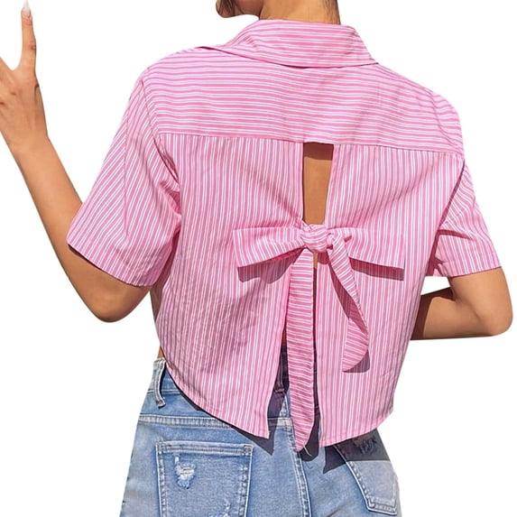 Nafuu Ladies Shirts Solid Color Lapel Short sleeve Button Down With Bow Back Detail Casual Summer Trendy Vacation Tops