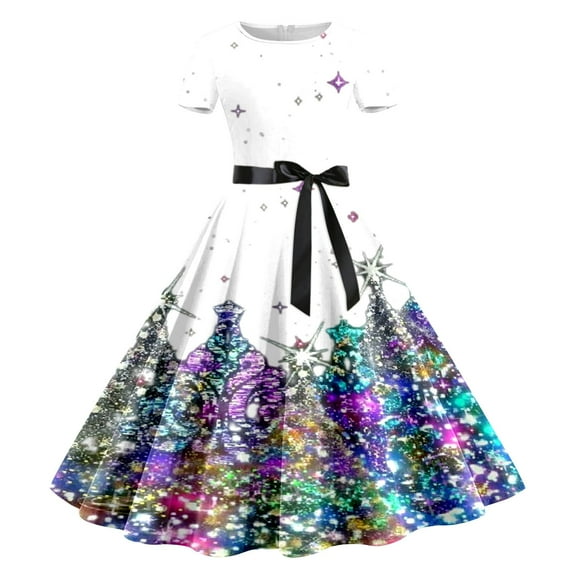 Nafuu Women Dress Colorful Print Short Sleeve Casual Elegant Style Flowy A Line Mini Party Wear Holiday Festive Outfit Leisure Home Sundress,White