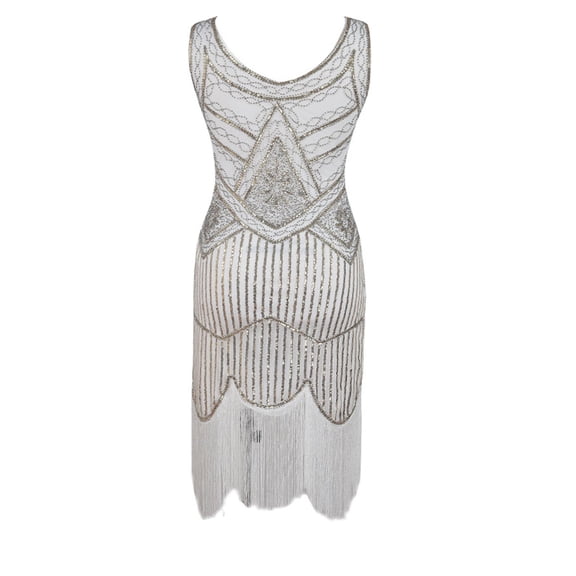 Nafuu Women Dress Elegant Sequin Fringe Evening Gown With Beaded Details For Party Formal Occasion Sparkling Midi Length Attire Leisure Home Sundress,White
