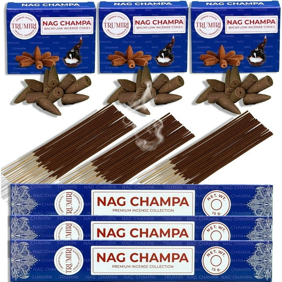 Nag Champa Incense Sticks & Backflow Incense Cones for Waterfall Combo Pack - 45 Insence-Sticks + 30 Backflow Cones - Insents - Incense Waterfall Cones - Inscense