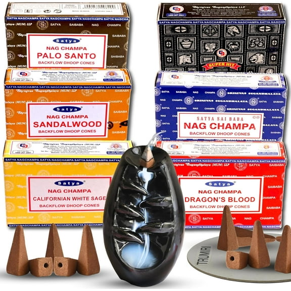 Nag Champa|Super Hit|Dragons Blood|Palo Santo|Sandalwood|Californian White Sage Variety Pack Backflow Incense Cones for Waterfall Aromatic Smoke Fountain Haze Falls and Mat Bundle - Pack of 6