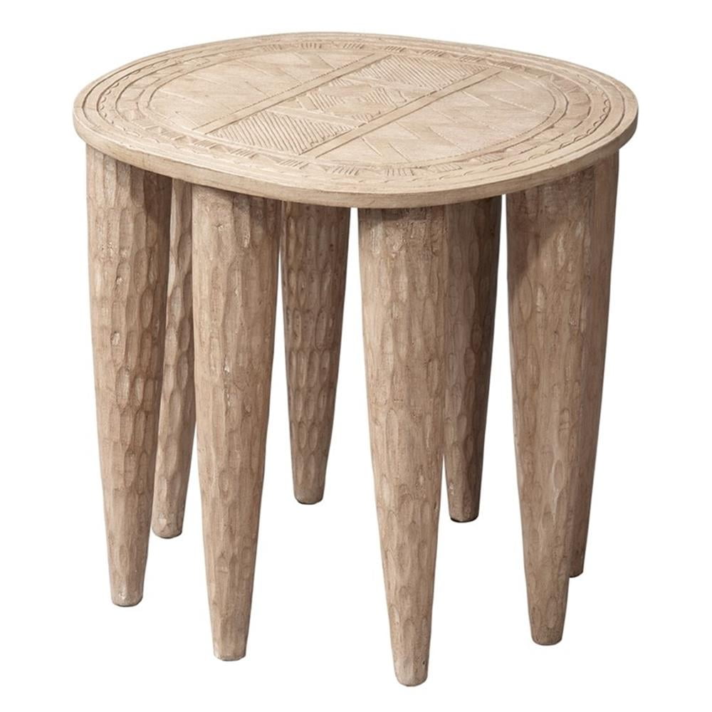 Natural Mango Wood Hand-Carved Side Table with Etched Top