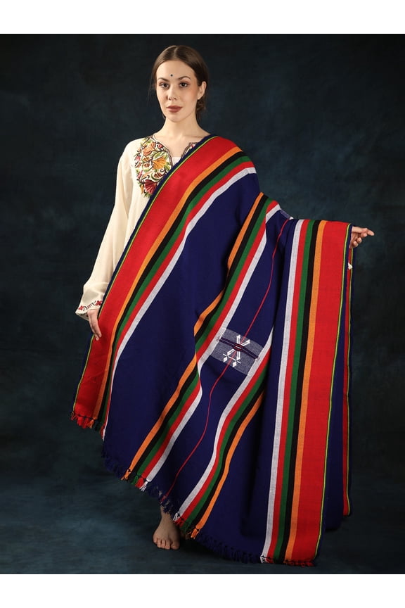 Nagaland Folk Shawl with Multicolor Stripe Pattern – Sodalite Blue