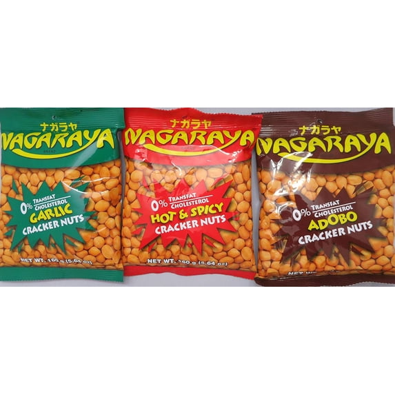 Nagaraya Cracker Nuts Variety Bundle - 2 packs of Adobo, 2 packs of Garlic, 2 packs of Hot and Spicy - Total of 6 Packs
