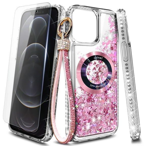 NageBee Designed for iPhone 12 / 12 Pro Magnetic Case for MagSafe, Tempered Glass Screen Protector/Wrist Strap Lanyard, Glitter Floating Liquid Cute Case (Rose Gold)