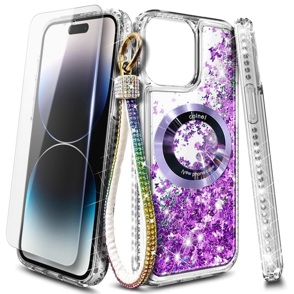NageBee Designed for iPhone 13 Pro Max Magnetic Case for MagSafe, Tempered Glass Screen Protector/Wrist Strap Lanyard, Glitter Floating Liquid Cute Case (Purple)