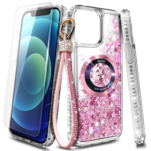 NageBee Designed for iPhone 14 Plus Magnetic Case for MagSafe, Tempered Glass Screen Protector/Wrist Strap Lanyard, Glitter Floating Liquid Cute Case (Rose Gold)