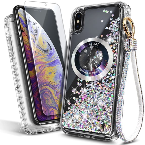 NageBee Designed for iPhone X / Xs Magnetic Case for MagSafe, Tempered Glass Screen Protector/Wrist Strap Lanyard, Glitter Floating Liquid Cute Case (Diamond)