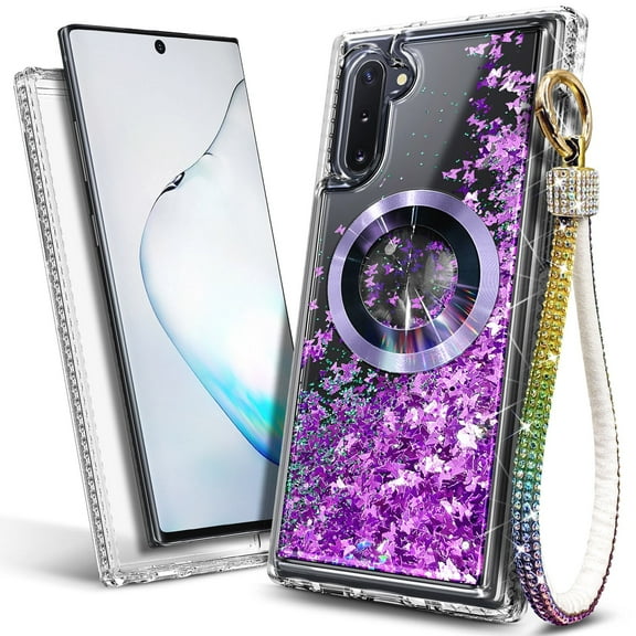 NageBee Magnetic Case for Samsung Galaxy Note 10 | MagSafe Compatible | Jewel Camera Lens & Tempered Glass Screen Protector & Wrist Strap Lanyard | Glitter Floating Liquid Cover (Purple)