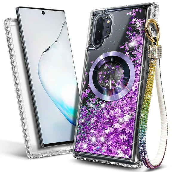 NageBee Magnetic Case for Samsung Galaxy Note 10+ /Note 10 Plus | Wrist Strap Lanyard | Glitter Floating Liquid Cover (Purple)
