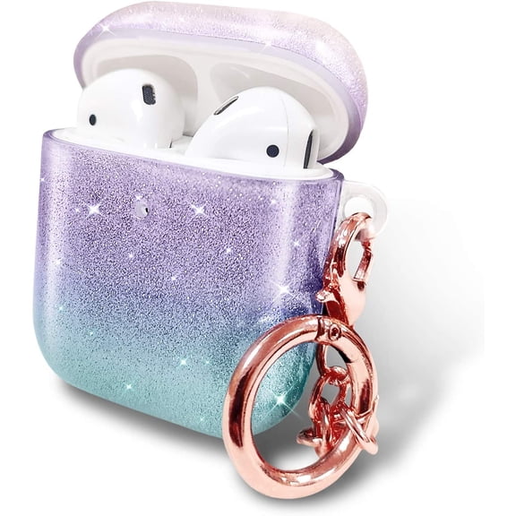 Nagebee Case for AirPods, Crystal Glitter Sparkle Bling, 360° Protective Cute Cover Carrying Case Girls Women with Rose Gold Keychain Compatible with Apple AirPods 1st/2nd (Purple/Blue)