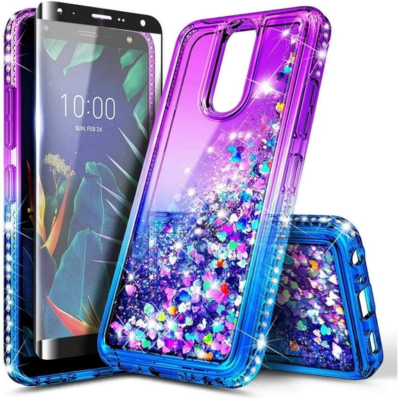 Nagebee Case for LG Journey LTE, Aristo 4+ Plus/Neon Plus/Escape Plus/Arena 2/Tribute Royal with Tempered Glass Screen Protector, Glitter Liquid Floating Girls Cute Case (Purple/Blue)