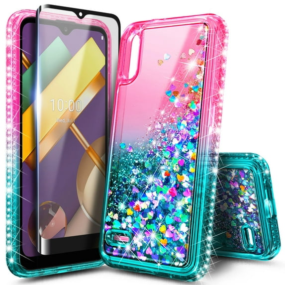 Nagebee Case for LG K22, LG K22 Plus, LG K32 with Tempered Glass Screen Protector (Full Coverage), Glitter Liquid Sparkling Diamond, Girls Women Cute Phone Case (Pink/Aqua)