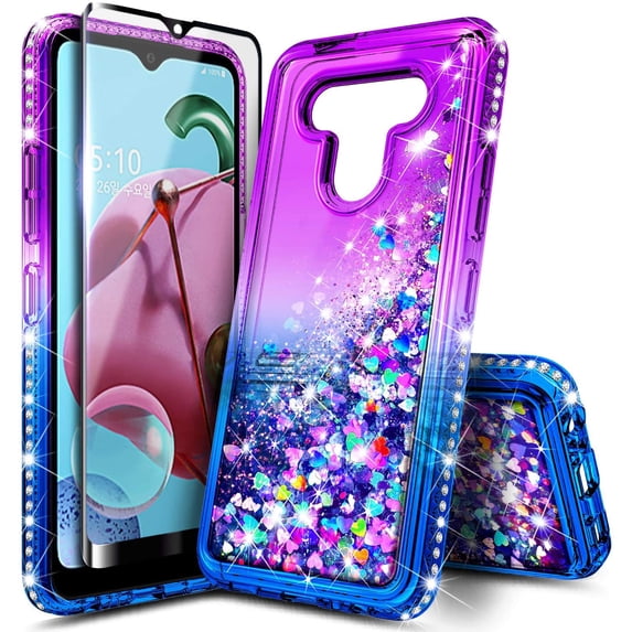 Nagebee Case for LG K51, LG Q51 / Reflect with Tempered Glass Screen Protector (Full Coverage), Sparkle Glitter Flowing Liquid Floating Bling Diamond Durable Girls Cute Phone Case (Purple/Blue)