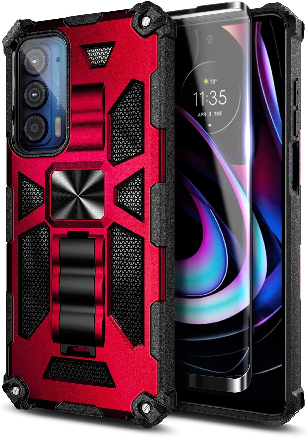 Nagebee Case for Motorola Moto Edge 5G UW, Moto Edge 2021 with Tempered Glass Screen Protector (Full Coverage), Full-Body Protective Shockproof [Military-Grade], Built in Kickstand Case (Red) - image 1 of 5