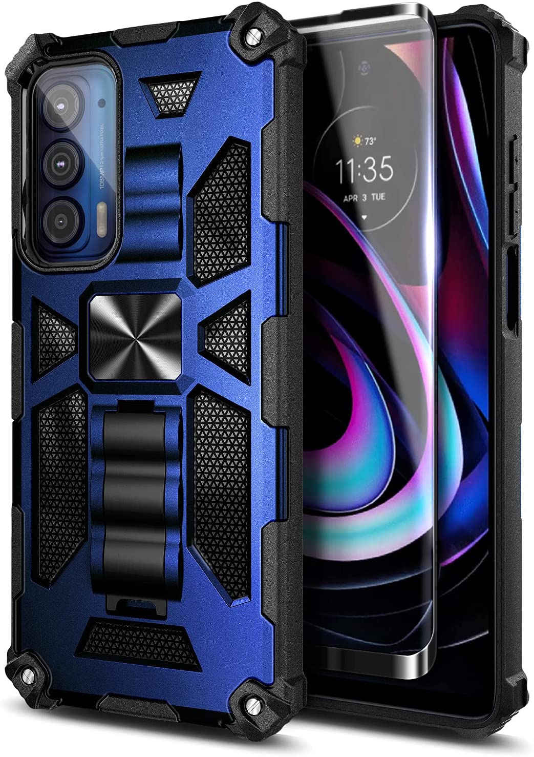 Nagebee Case for Motorola Moto Edge 5G UW, Moto Edge 2021 with Tempered Glass Screen Protector (Full Coverage), Full-Body Protective Shockproof [Military-Grade], Built in Kickstand Case (Blue) - image 1 of 5