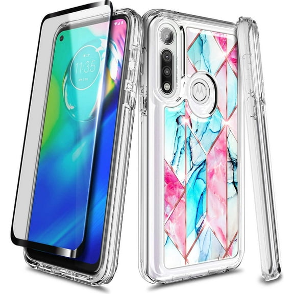 Nagebee Case for Motorola Moto G Power with Tempered Glass Screen Protector (Full Coverage), Glossy Stylish Finish, Shockproof Protective Hybrid Bumper Case (Marble Series Pink/Blue)