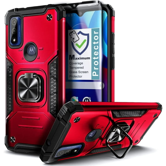Nagebee Case for Motorola Moto G Pure (2021) with Tempered Glass Screen Protector (Full Coverage), Full-Body Protective [Military-Grade] Magnetic Car Mount Ring Holder Heavy-Duty Durable Case (Red)