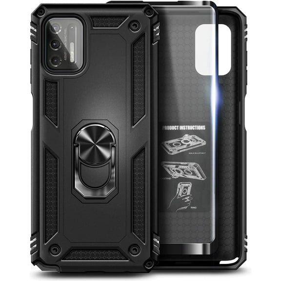 Nagebee Case for Motorola Moto G Stylus 2021 with Tempered Glass Screen Protector (Full Cover Caseage), Military Armor [Magnetic Ring Holder & Kickstand] Shockproof Cover Case (Black)