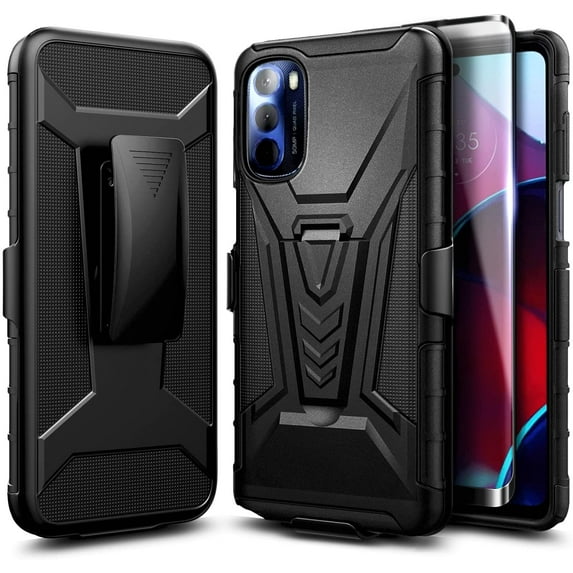 Nagebee Case for Motorola Moto G Stylus 2022 with Tempered Glass Screen Protector (Full Coverage), Belt Clip Holster with Built-in Kickstand, Heavy Duty Shockproof Armor Rugged Case (Black)
