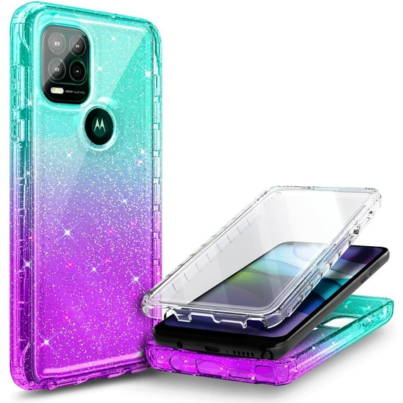 Nagebee Case for Motorola Moto G Stylus 5G with Built-in Screen Protector, Full-Body Protective Rugged Bumper Cover, Shockproof Durable Case (Glitter Aqua/Purple)