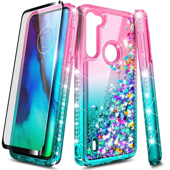 Nagebee Case for Motorola Moto G8 Power Lite with Tempered Glass Screen Protector (Full Coverage), Sparkle Glitter Liquid Floating with Bling Diamond, Durable Girls Cute Case (Pink/Aqua)