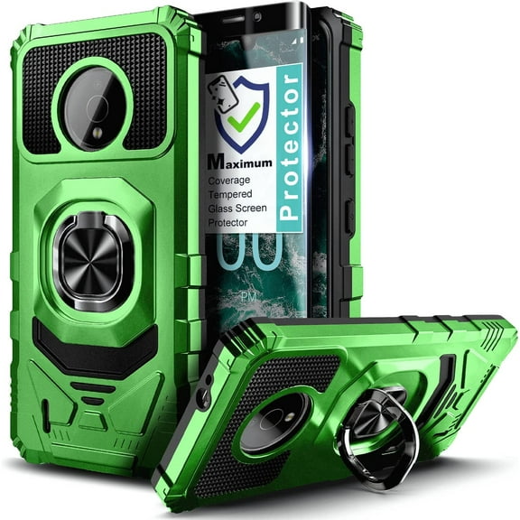 Nagebee Case for Nokia C200 with Tempered Glass Screen Protector (Full Coverage), Full-Body Protective Armor [Military-Grade], Magnetic Car Mount Ring Holder Heavy-Duty (Green)