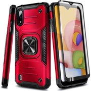 Nagebee Case for Samsung Galaxy A01 with Tempered Glass Screen Protector (Full Coverage), Full-Body Protective [Military-Grade], Magnetic Car Mount Ring Holder, Heavy-Duty Durable Case (Red)