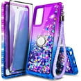 thumbnail image 1 of Nagebee Case for Samsung Galaxy A03S with Tempered Glass Screen Protector (Full Coverage), Sparkle Glitter Liquid Bling Diamond [Ring Holder & Wrist Strap] Women Girls Cute Case (Purple/Blue), 1 of 6