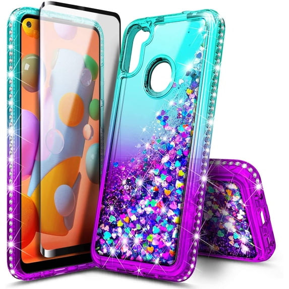 Nagebee Case for Samsung Galaxy A11 with Tempered Glass Screen Protector (Full Coverage), Glitter Liquid Floating with Sparkling Bling Diamond, Durable Girls Cute Case (Aqua/Purple)